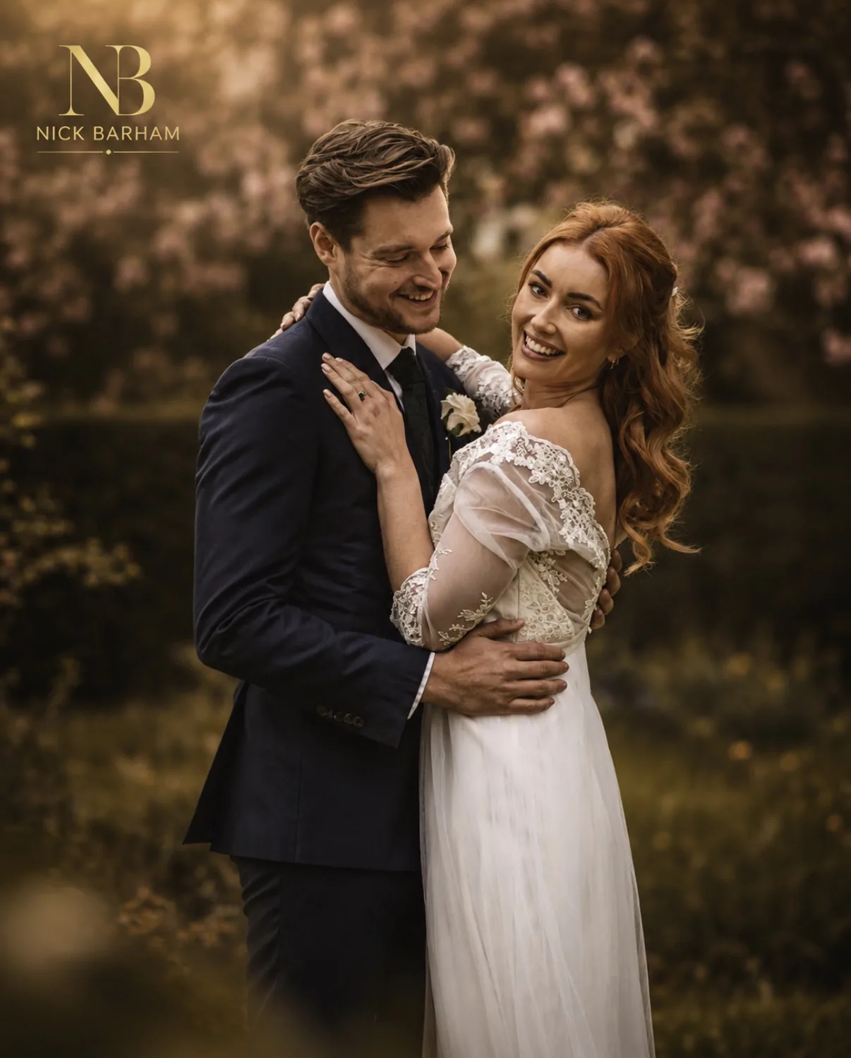 Newly married couple photographed at golden hour